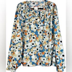 NWT Joie Floral Retro Peasant Blouse Women’s XL Long Sleeve Button Tie V-Neck